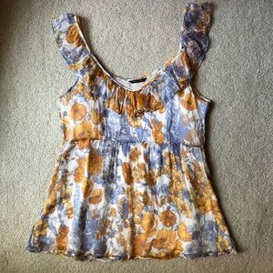 Massimo Dutti Blue and Orange Flutter Sleeve Blouse with Ruffled Neckline MEDIUM